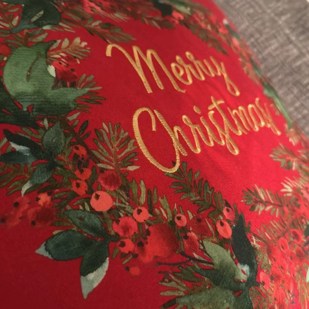 Merry Christmas Embroidered Holiday Throw 16x16” Pillow Home Decor